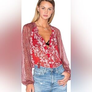 Free People red floral sheer boho Hendrix top shirt M